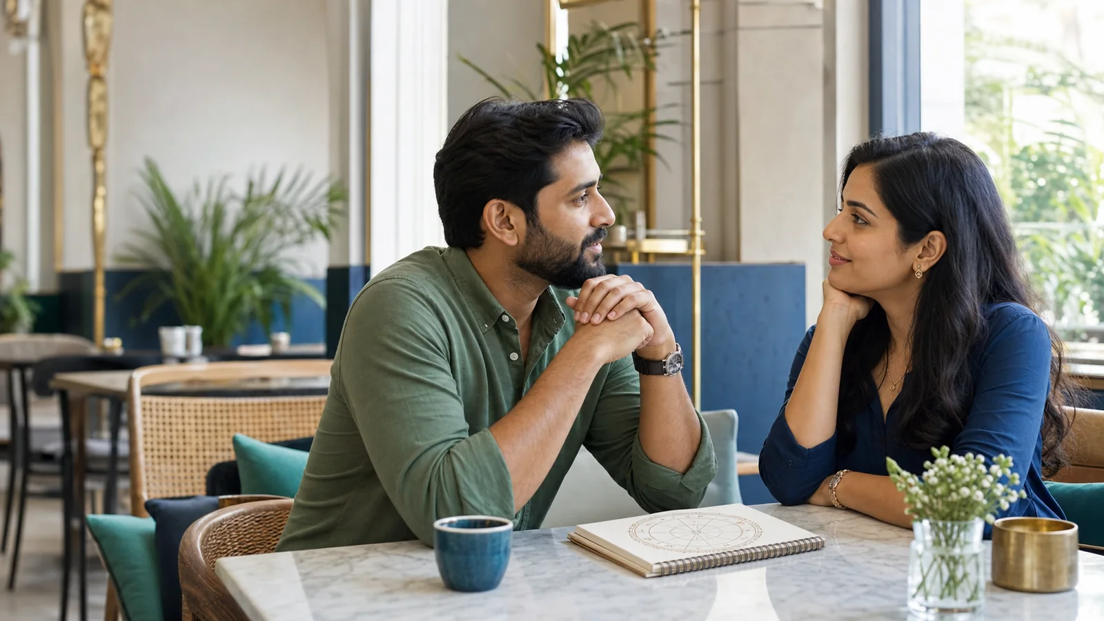 Two Indian adults discussing compatibility in a modern cafe