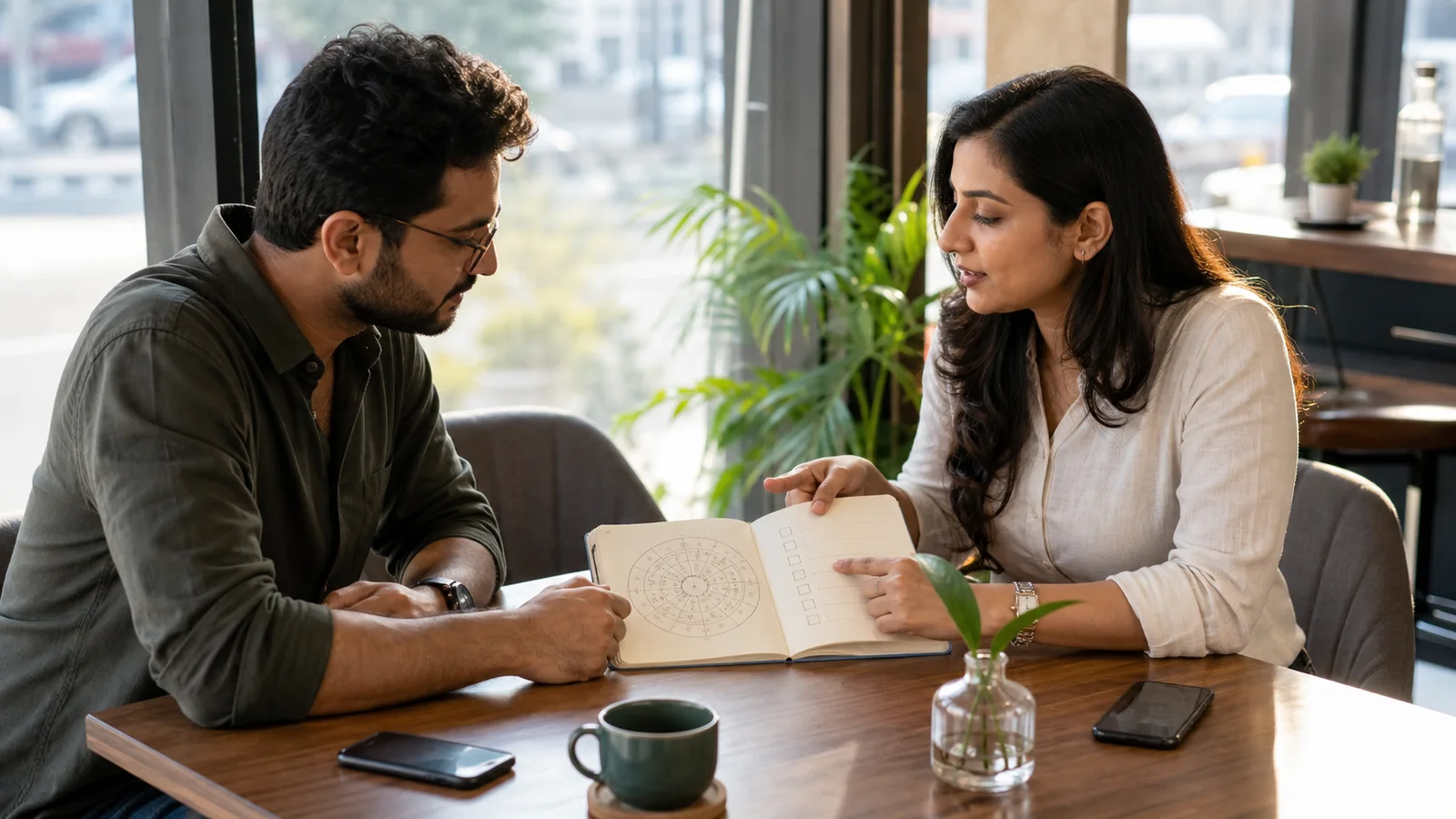 Two Indian adults discussing optional Kundli details and a privacy checklist