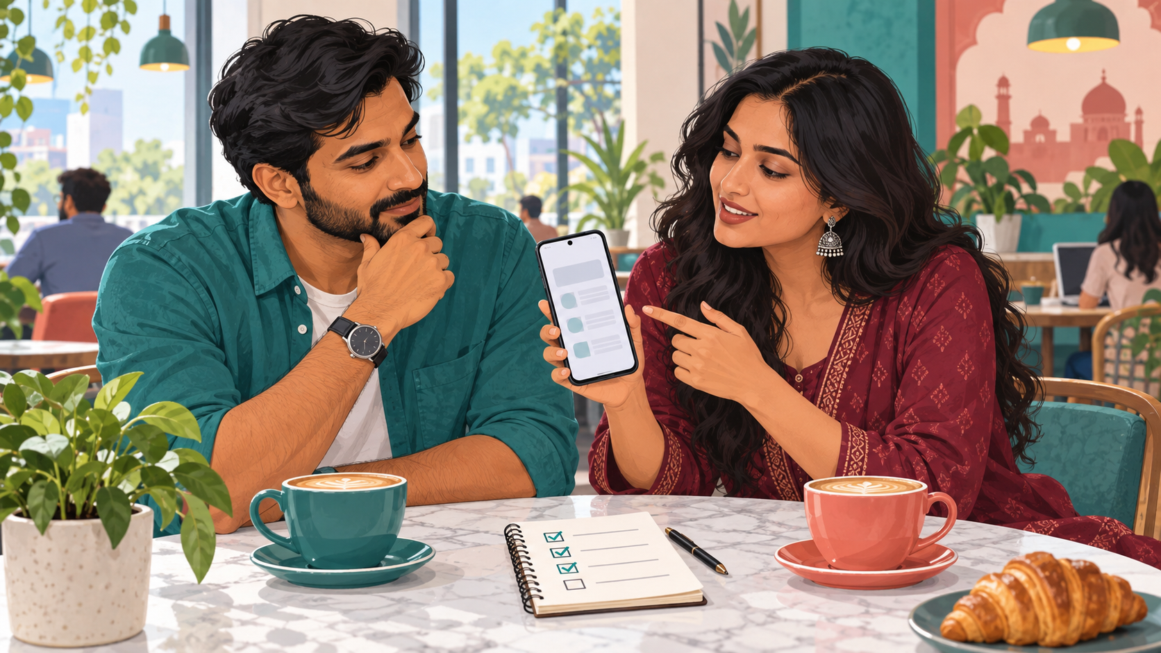 Illustration of adults reviewing an Android installation checklist